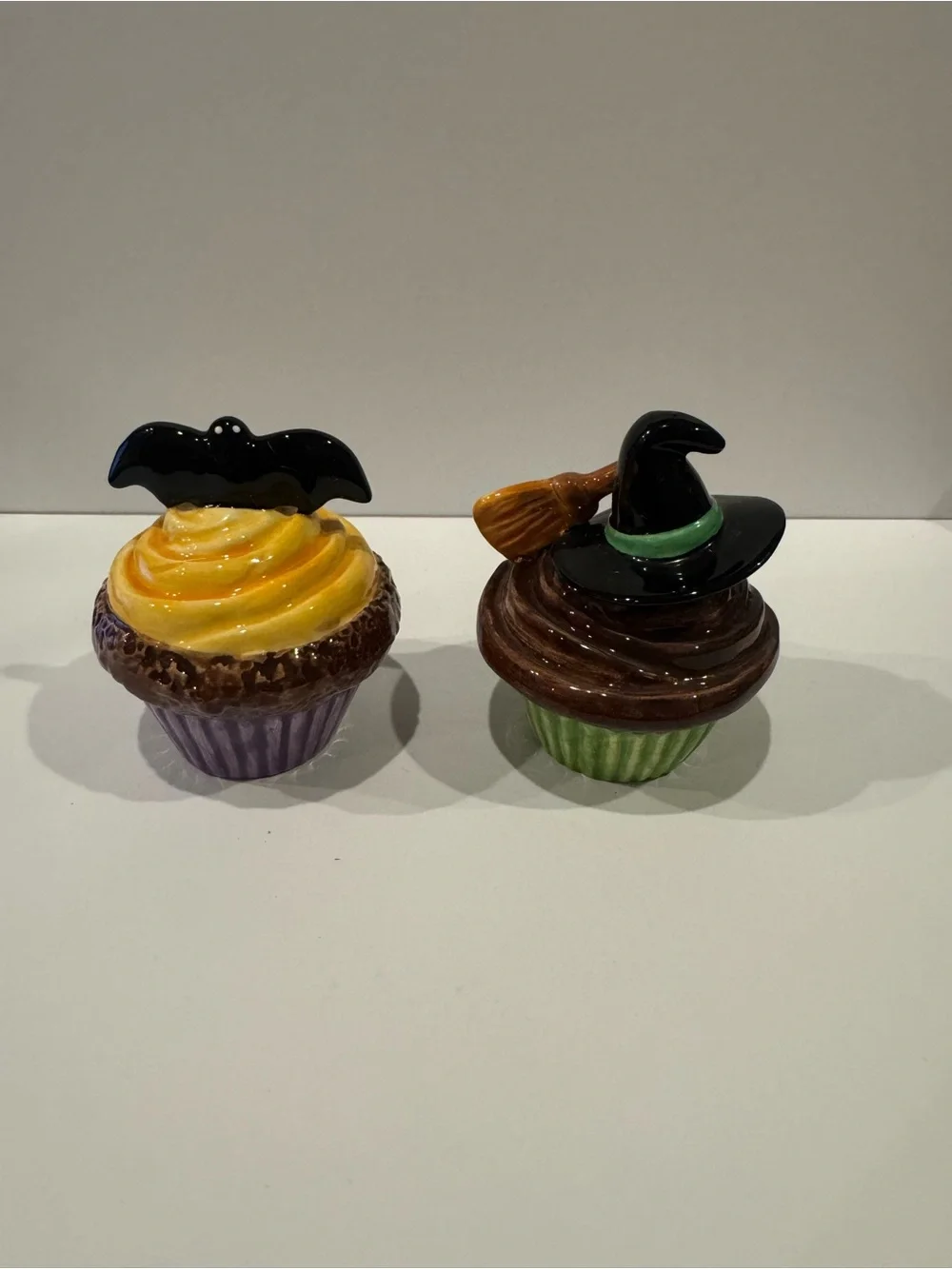 Halloween Ceramic Cupcake Bat and witch salt and pepper shakers
